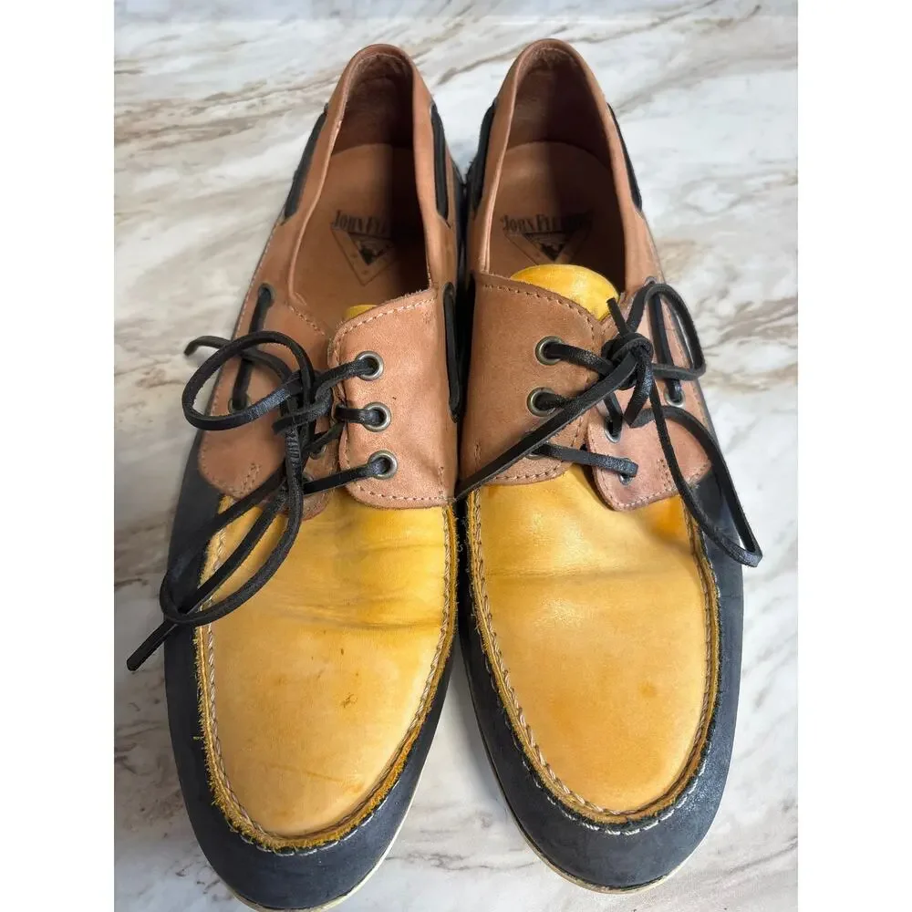 John Fluevog Vintage Yellow Black Leather Colorblock Boat Shoes Men's Size 9